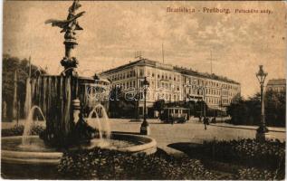 Pozsony, Pressburg, Bratislava; Palackého sady. J. B. / Savoy szálloda, szökőkút, villamos / hotel, fountain, tram (EB)
