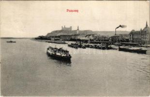 1908 Pozsony, Pressburg, Bratislava; látkép a Duna felől, vár, gőzhajó. Kaufmann's Bediene dich allein / general view from the Danube, castle, steamship (fa)