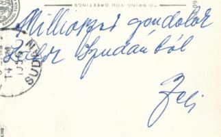 1955 Czibor Zoltán (1929-1997), az Aranycsapat labdarúgójának aláírása Kanadából, a feleségének hazaküldött képeslapon /  1955 Signature of Zoltán Czibor (1929-1997), footballer of the Golden Team, on a postcard sent home to his wife from Canada