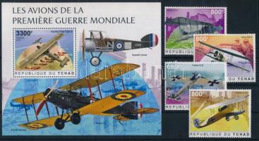 World War I aircraft set Mi 5109-5112 + block Mi 1098, Az első világháború repülőgépei sor Mi 5109-5112 + blokk Mi 1098