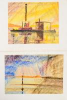 Jelzés nélkül, 7 db mű: Vízparti tájak (Balaton?). Kréta, papír, 5,5x29 és 16x25 cm közötti méretekb...