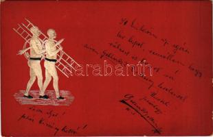1899 (Vorläufer!) Boldog újévet! Piros alapon fehér dombornyomott kéményseprők / New Year greeting, embossed white chimney sweepers (kopott élek / worn edges)