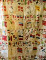 cca 1900 Nebo cigaretta selyem mellékleteiből varrott zászló, cca 95 mellékletből összevarrva, folttal, 125x90 cm /// Flag sewn from Nebo cigarette silks, circa 1900, made from approximately 95 inserts, with a patch, size 125x90 cm