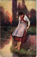 1922 Smutná zpráva / Traurige Nachricht / Szomorú hír / Lady art postcard s: F. Klimes 3 portóbélyeg (kopott sarkak / worn corners)