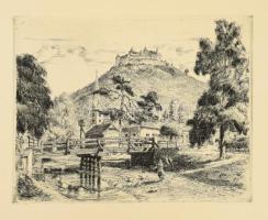 Tichy Kálmán (1888-1968): Krasznahorka vára (Felvidék). Rézkarc, papír, lap széle kissé sérült és kissé foltos, 24x31 cm.
