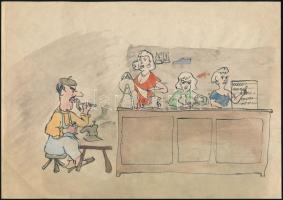 Jelzés nélkül: Mestercipész (cím nélkül, karikatúra?). Vegyes technika, papír, bal alsó sarkában hajtásnyommal, 21x29,5 cm.