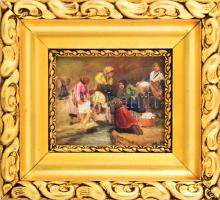 MD jelzéssel (Mesterházy Dénes?): Mosónők. Olaj, karton. Dekoratív, üvegezett fakeretben. 12x14,5 cm