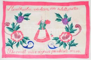 Kézzel hímzett konyhai falvédő, "Mindhiába vártam, ősz is lett azóta, elhervadt már régen a pünkösdi rózsa" felirattal, 46x70 cm