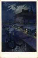 1915 Pozsony, Pressburg, Bratislava; Pressburg am Abend / Pozsony este, vár, kikötő, rakpart / Bratislava in the evening, castle, port, quay s: Marx Béla (kopott sarkak / worn corners)