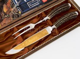 Solingen hússzervírozó szett, agancs fogóval, jelzett, újszerű, dobozában, h: 33 cm alatt