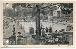 Kassa, Kosice; Városi strandfürdő, fürdőzők. leporellolap 10 kis képpel / beach, strand, bathers. leporello card with 10 mini images (lyukaszott / punched holes)