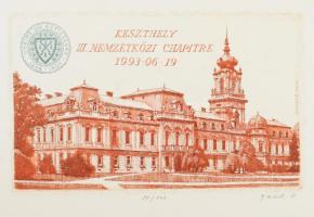 Gaál Domonkos (1940-2009): Keszthely III. Nemzetközi Chapitre, 1993.06.19. Színes rézkarc, papír, jelzett, számozott (94/100), kisebb lapszéli elszíneződéssel, 11,5×19,5 cm