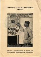 1939 Országos Társadalombiztosító Intézet reklámja, Baleset ellen védekezz! Villamosáram, biztosíték / Hungarian insurance company advertisement, electricity + "1939 X. Őszi lakberendezési és háztartási vásár Budapest" So. Stpl (non PC) (EB)