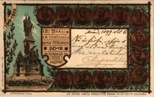 1899 (Vorläufer!) Arad, a 13 vértanú kivégeztetésének 50. évfordulója dicső emlékére. Kiadja az Aradi 1848-as Országos Ereklye Múzeum / Memorial card for the 50th anniversary of the executions of the martyrs of Arad 1849-1899. Lith. Lengyel Lipót. Art Nouveau, floral, litho (ragasztónyomok / glue marks)