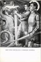 1936 Szent György vértanú-lovag, a cserkészek védőszentje. Cordiale kiadása. Barcza nyomda / Hungarian boy scout art postcard, Saint George, the patron saint of scouts s: Márton L. + So. Stpl. (vágott / cut)