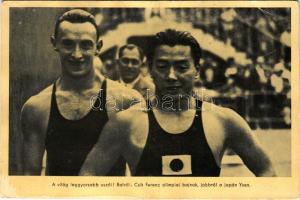 A világ leggyorsabb úszói! Balról: Csik Ferenc olimpiai bajnok, jobbról a japán Yusa. Olimpia sportlevelezőlap terjesztő vállalat 156/1936 I.2. / Hungarian and Japanese swimming champions (gyűrődések / creases)