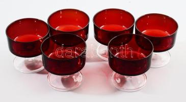 Francia likőrös pohár garnitúra, anyagában vörösen színezett, 6 db, jelzett, hibátlan, m: 8,5 cm