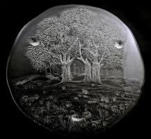 Préselt üveg tortatál, tavaszi rét mintával, hibátlan, d: 33 cm