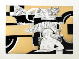 Szász Endre (1926-2003): Olvasó hölgy. Szitanyomat, papír, jelzett, 43/100 számozással. 47,5x67 cm