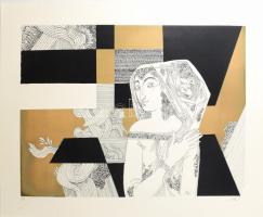 Szász Endre (1926-2003): Hölgy kendőben. Szitanyomat, papír, jelzett, 43/100 számozással. Lapszéli elszíneződéssel és kisebb gyűrődéssel. 47x67 cm