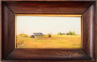 Szikszay Ferenc (1870-1908): Emőd környéki táj, 1893. Olaj, fatábla, jelezve jobbra lent, hátoldalán 1980 körüli BÁV raglappal és korábbi aukciós címkével. Kiállítva: Exposition collective Feri de Szikszay, Budapest, Palais Royal (Budai várpalota), 1905. Keret hátoldalán a kiállítás bélyegzőjével. Néhány apró felületi folttal. 14×28 cm