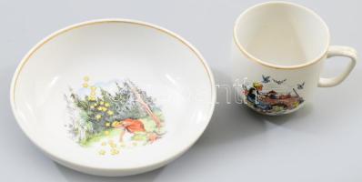 Hollóházi mesemintás tányér, és bögre, bögre repedt, jelzett, d: 16 cm