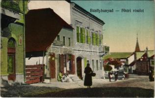 Bánffyhunyad, Huedin; Fő tér, Goldstein Bernát bádogos, Diamantstein üzlete. Fogyasztási szövetkezet kiadása / main square, shops