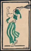 Kőszeghy jelzéssel (Elemér v. Gyula?): Teniszező hölgy, XX. sz. eleje. Akvarell, papír. 14x8,5 cm