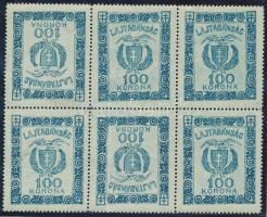 Nyugat-Magyarország VII. 1921 100K hatostömb, benne 2 bélyeg fordított állásban, 2 papírránccal, Bodor vizsgálójellel