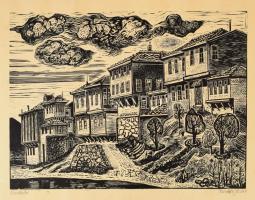 Bordás Ferenc (1911-1982): Rodostó. Fametszet, papír, jelzett, lap széle kissé sérült és kissé foltos, 35×50 cm