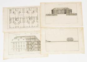 Martin Engelbrecht - Alexander Gläser: Egy erődített hegyi kastély tervei. ca 1750 5 db Rézmetszet. / Plan of fortified castle. Engravings 5 pcs 39x24 cm