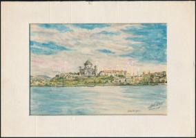 Kovács Ernő (1940-): Esztergom (Párkány felől). Akvarell, papír. Jelezve jobbra lent, hátoldalán autográf felirattal. Paszpartuban. 14x21 cm