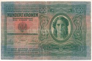 1912. 100K hamis(?) "AZ OSZTRÁK-MAGYAR BANK MELLÉKHELYE" felülbélyegzéssel T:F,VG nagyobb ...