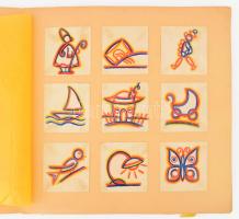 Dobos Mária (1930-40 körül): 75 db kis méretű rajz (Figurák, meseillusztrációk stb.). Ceruza, papír. Jelzett a mappán. Mappába ragasztva. 6x6 és 8x10 cm közötti méretekben.