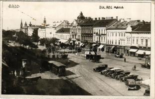 Arad, Bul. Reg. Maria / Mária királyné körút, automobilok, városi vasút, vonat, Mattuschek, Printz és Hilbert, Simeon Schwarz üzlete / street view, automobiles, urban railway, train, shops. photo (EK)