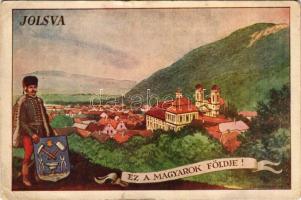Jolsva, Jelsava; Ez a Magyarok földje! Irredenta művészlap / Hungarian irredenta propaganda art postcard s: Biczó András (szakadás / tear)