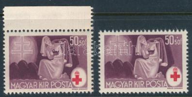 1944 2 db Vöröskereszt 50f elcsúszott piros színnyomattal