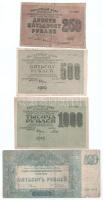 Orosz Szocialista Szövetségi Szovjet Köztársaság 1919. 250R + 500R + 1000R + Orosz Polgárháború / Dél-Oroszország / Wrangel hadserege 1920. 500R T:F, VG, szakadás, az egyik kézzel vágott Russian Socialist Federated Soviet Republic 1919. 250 Roubles + 500 Roubles + 1000 Roubles + Russian Civil War / South Russia / Army of Wrangel 1920. 500 Roubles C:F, VG, one cut by hand Krause P#102, P#103, P#104, P#S1434