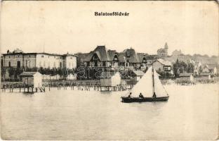 1916 Balatonföldvár, nyaralók, villák, vitorlás hajó, stég. Gerendai Gyula kiadása (EK)