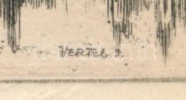 Vertel József (1922-1993): Budapest látképe a Parlamenttel. Rézkarc, papír, jelzett a dúcon, 6x15 cm