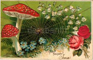 Prosit Neujahr! / New Year greeting art postcard with mushrooms, flowers and spider web. Emb. litho (fl)
