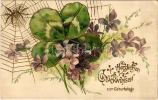 Herzlichen Glückwunsch zum Geburtstage / Birthday greeting art postcard with clover, flowers and spider web. Emb. litho (lyuk / hole)