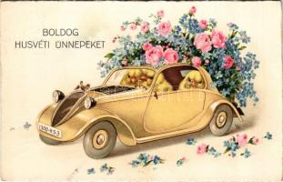 1939 Boldog húsvéti ünnnepeket / Easter greeting art postcard with chicks in an automobile, flowers