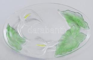 Francia szecessziós stílusú kálamintás kínálótálca, festett, savmaratott és préselt mintával, jelzett, hibátlan, 39x25 cm