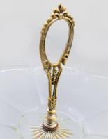 Antik talpas asztalközép kínáló, díszes polírozott bronz szerelékkel, d: 32 cm, m: 37 cm