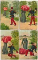6 db RÉGI francia litho képeslapok: kimenő, udvarlás, humor (sorozat)