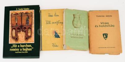 4 db Tamási Áron könyv: Z. Szalai Sándor: ,,Hit a harcban, remény a bajban". Pályakép Tamási Áronról. Bp., 1991, Szépirodalmi Könyvkiadó. Kiadói egészvászon-kötés, kiadói papír védőborítóban. + Tamási Áron 3 műve: Hullámzó vőlegény. Bp., 1947, Révai. Első kiadás. Kiadói félvászon-kötés, sérült kiadói papír védőborítóban. + Téli verőfény. Kolozsvár, [1943], Erdélyi Szépmíves Céh. Kiadói félvászon-kötés, kissé foltos borítóval és gerinccel, ex libris-szel. + Világ és holdvilág. Összegyűjtött novellák 1936-1957. Bp., 1958, Szépirodalmi Könyvkiadó. Első kiadás. Kiadói egészvászon-kötés, kissé fakó gerinccel, sérült kiadói papír védőborítóban.