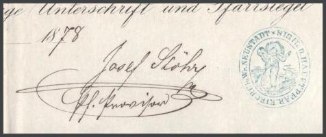 1878 Bécsújhely (Wiener Neustadt), keresztlevél, Josef Szöhry(?) aláírással, 50kr okmánybélyeggel, k...