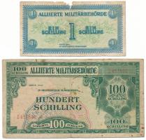 Ausztria / Szövetséges megszállás 1944(1945) 1Sch + 100Sch "B04 457599" T:F folt, G anyaghiány Austria / Allied Occupation 1944(1945) 1 Schilling + 100 Schilling "B04 457599" C:F spot, G missing material Krause P#103, P#110