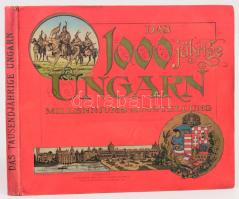 Das Tausendjährige Ungarn und die Millenniums-Ausstellung. [Az ezeréves Magyarország és a Milléniumi Kiállítás.] Sammlung von Photographien der hervorragendsten Städte, Gegenden un Kunstwerke Ungarns und von Bildern der Ausstellung. Mit Deutschem, Ungarischem, Französischem und Englischem Text, Zusammengestelt unter der Leitung des Directors Julius Laurencic [Laurencic Gyula] in Budapest. Wien,[1896.],J. Lippowitz, (Wilhelm Kunosy &amp; Sohn-ny.) Magyar, német, francia és angol nyelven. Rendkívül gazdag és izgalmas képanyaggal illusztrált. Kiadói haránt-alakú, aranyozott, illusztrált dombornyomásos egészvászon-kötés, kissé kopott borítóval, a gerincen apró sérüléssel, kijáró, kissé sérült elülső szennylappal.